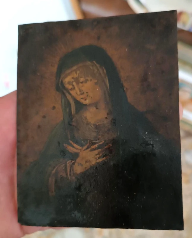 Peinture ancienne sur cuivre représentant la Vierge Marie 17e/18e siècle