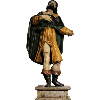 Polychrome wooden sculpture,St. Roch on plinth.
