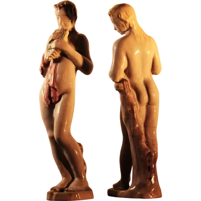 Manifattura MInghetti Bologna| Pair of mythological figures in polychrome ceramic.