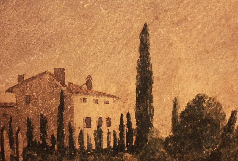 Paesaggio alpino olio su cartone XIXsec ( sul retro acquarello villa con giardino all'italiana)