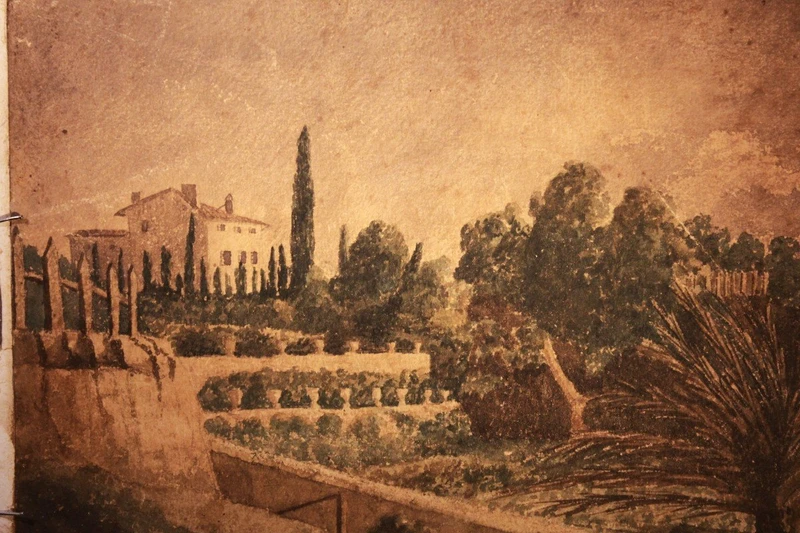 Paesaggio alpino olio su cartone XIXsec ( sul retro acquarello villa con giardino all'italiana)