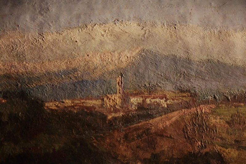 Paesaggio alpino olio su cartone XIXsec ( sul retro acquarello villa con giardino all'italiana)