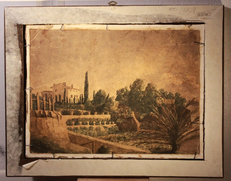 Paesaggio alpino olio su cartone XIXsec ( sul retro acquarello villa con giardino all'italiana)