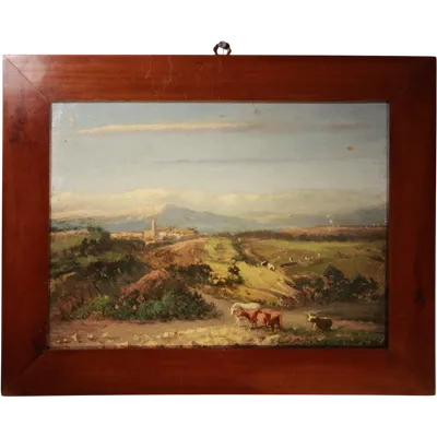 Alpine landscape oil on cardboard 19thsec ( on the back watercolor villa with Italian garden )