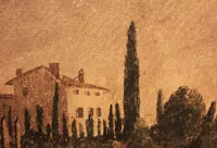 Paesaggio alpino olio su cartone XIXsec ( sul retro acquarello villa con giardino all'italiana)