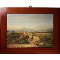 Paesaggio alpino olio su cartone XIXsec ( sul retro acquarello villa con giardino all'italiana)