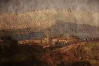 Paesaggio alpino olio su cartone XIXsec ( sul retro acquarello villa con giardino all'italiana)