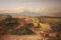 Paesaggio alpino olio su cartone XIXsec ( sul retro acquarello villa con giardino all'italiana)