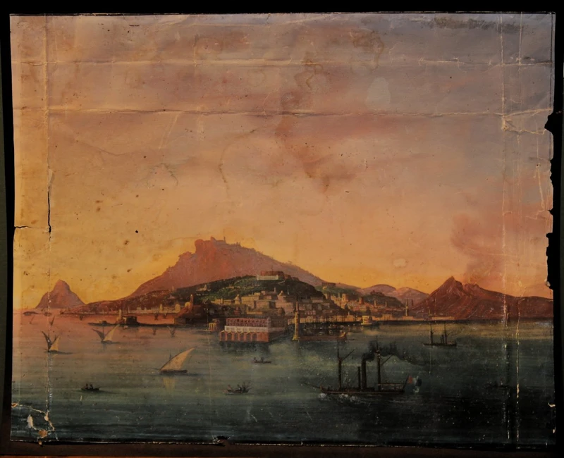 "Il golfo di Napoli varcato dal piroscafo Real Ferdinando I°", tempera su carta.