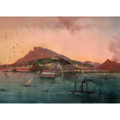 "The Bay of Naples crossed by the steamer Real Ferdinand I°," tempera on paper.