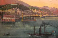 "Il golfo di Napoli varcato dal piroscafo Real Ferdinando I°", tempera su carta.