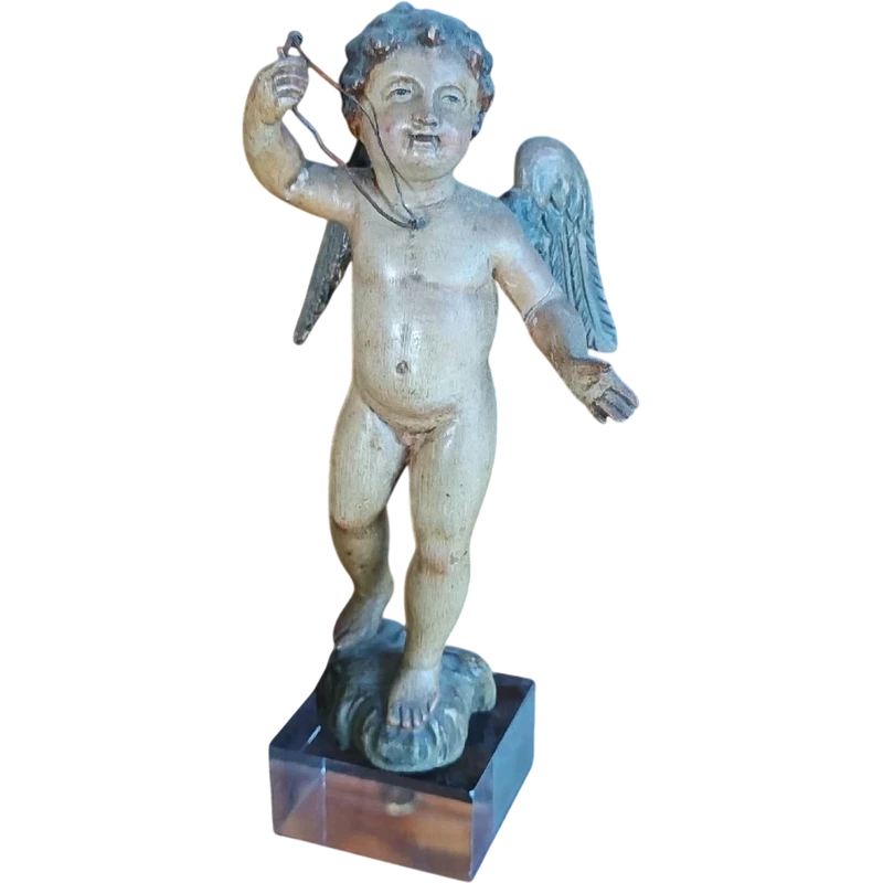Petit angelot ancien en bois polychrome -Italie 18ème siècle
