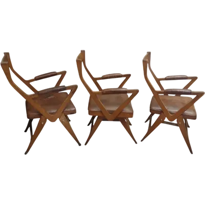 Oak Leather Armchairs Set Design 1950s Original