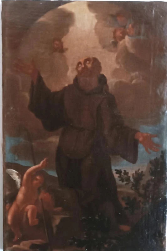 Peinture à l'huile ancienne sur toile, période baroque, représentant un saint franciscain