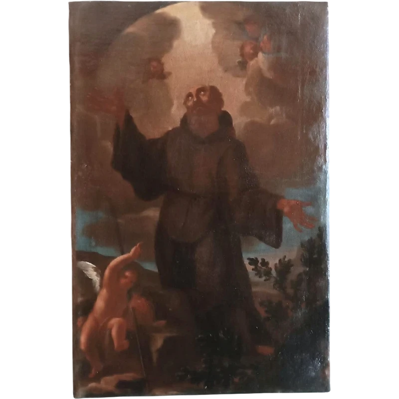 Peinture à l'huile ancienne sur toile, période baroque, représentant un saint franciscain