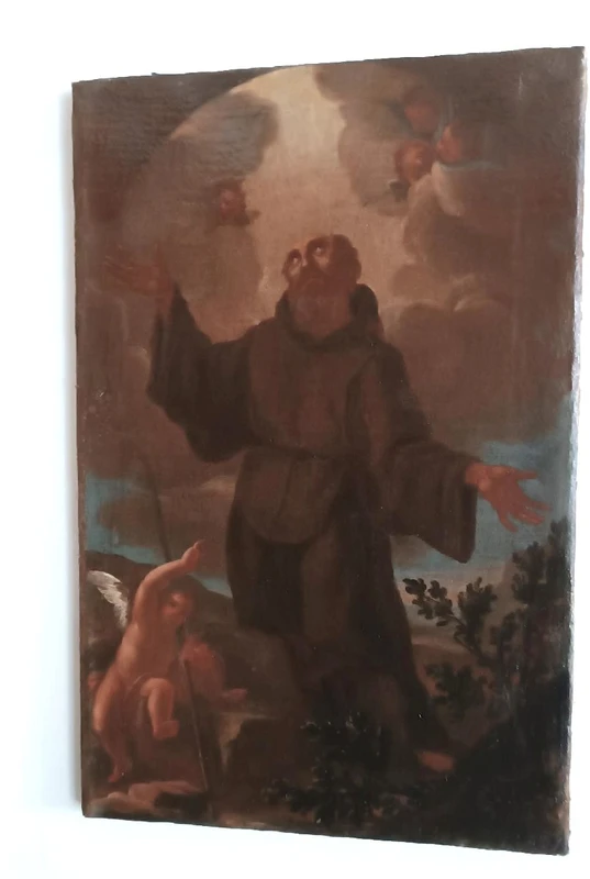 Peinture à l'huile ancienne sur toile, période baroque, représentant un saint franciscain