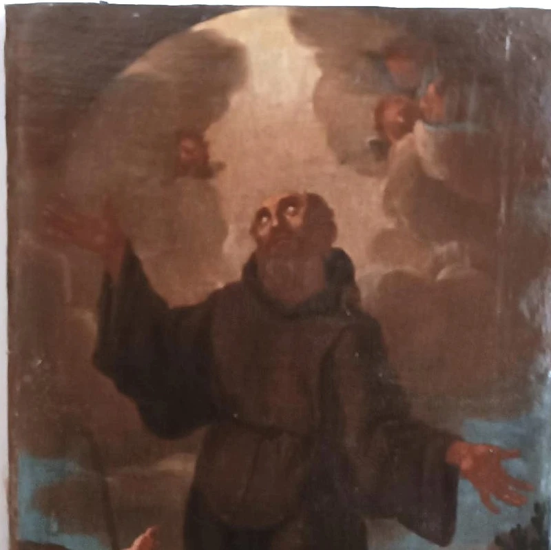 Peinture à l'huile ancienne sur toile, période baroque, représentant un saint franciscain