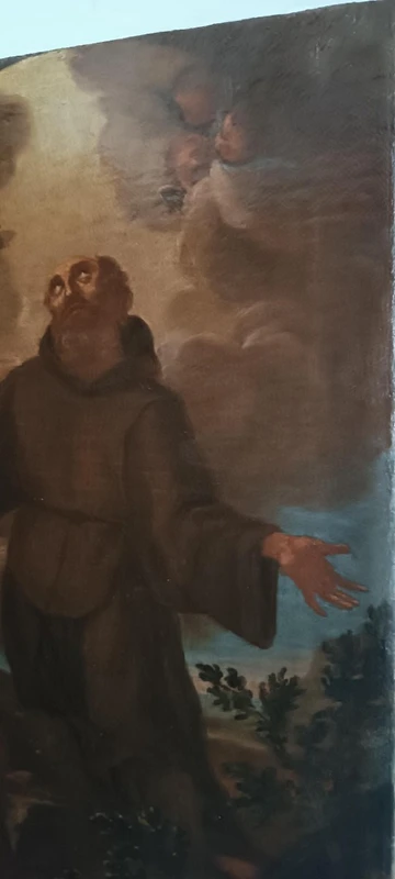 Peinture à l'huile ancienne sur toile, période baroque, représentant un saint franciscain