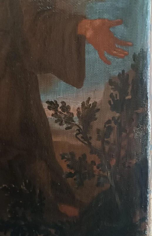 Peinture à l'huile ancienne sur toile, période baroque, représentant un saint franciscain