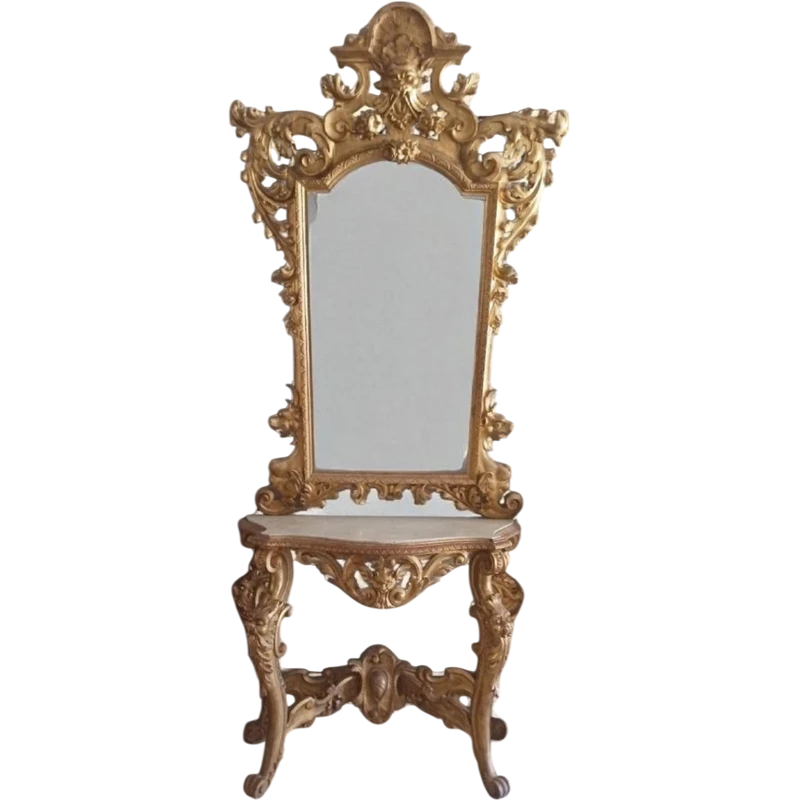 Console table with mirror gilded wood 19th century Tuscany