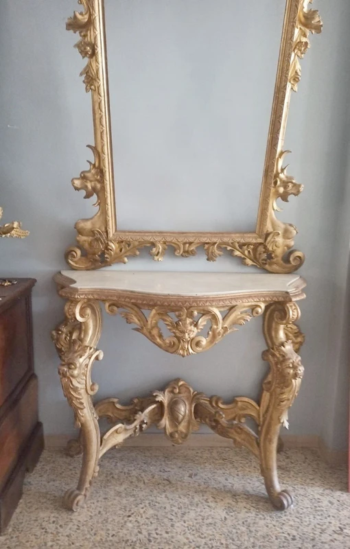 Console table with mirror gilded wood 19th century Tuscany