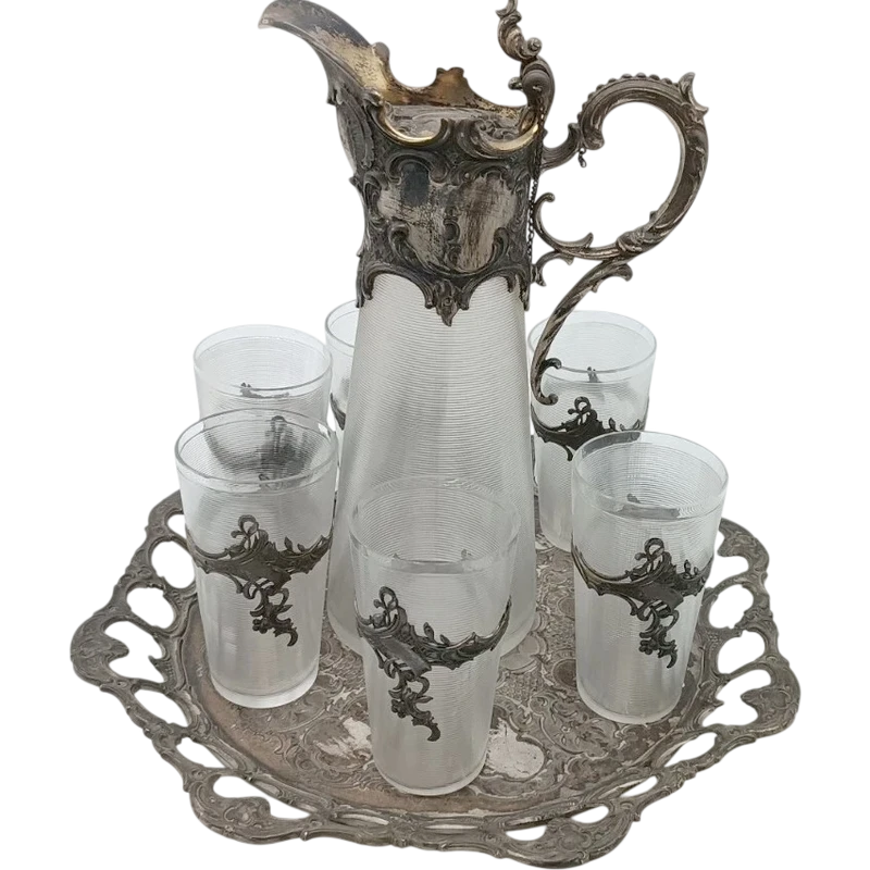 Plateau avec carafe et 6 verres verre et métal argenté époque art noveau