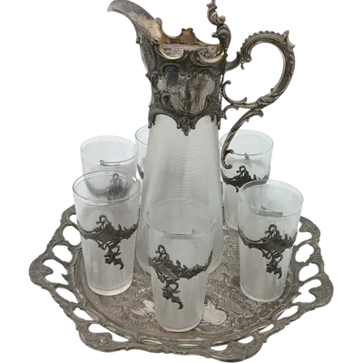 Plateau avec carafe et 6 verres verre et métal argenté époque art noveau