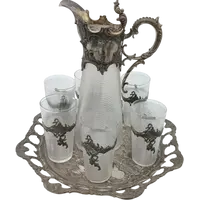 Plateau avec carafe et 6 verres verre et métal argenté époque art noveau