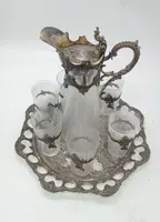 Plateau avec carafe et 6 verres verre et métal argenté époque art noveau