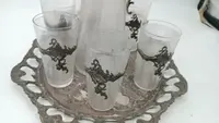 Plateau avec carafe et 6 verres verre et métal argenté époque art noveau