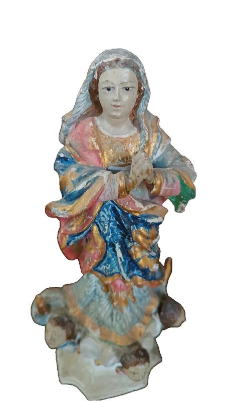 antica piccola scultura in legno ,madonna immacolata sud america XIX secolo