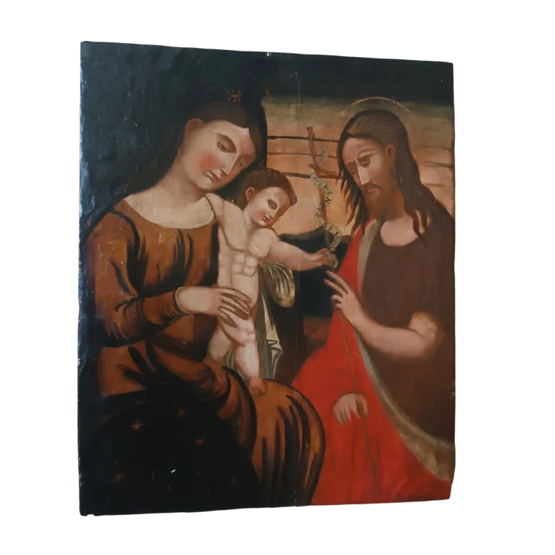 Panneau peint ancien -Famille sacrée-École crétoise vénitienne XVIe siècle