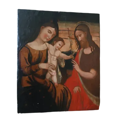 Antica tavola dipinta -Sacra famiglia-Scuola veneziana cretese XVI secolo