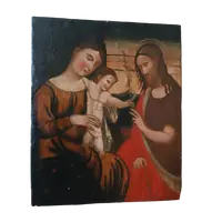 Panneau peint ancien -Famille sacrée-École crétoise vénitienne XVIe siècle