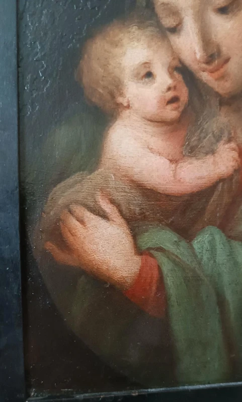 Peinture ancienne sur cuivre-Madone à l'enfant-École italienne