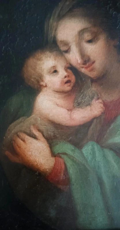 Peinture ancienne sur cuivre-Madone à l'enfant-École italienne