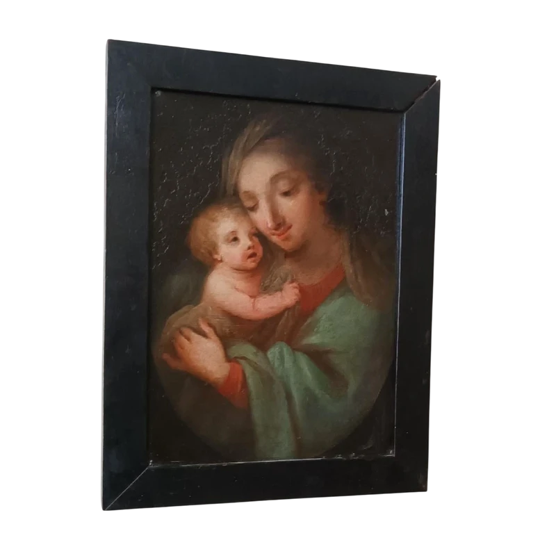 Peinture ancienne sur cuivre-Madone à l'enfant-École italienne