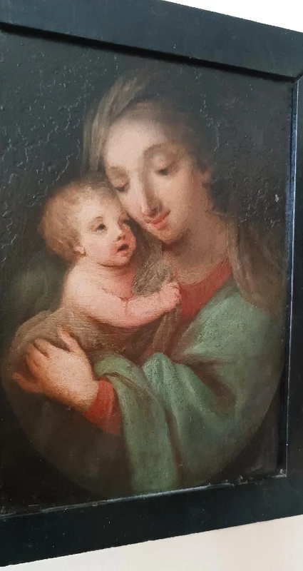 Peinture ancienne sur cuivre-Madone à l'enfant-École italienne
