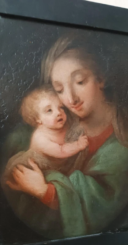 Peinture ancienne sur cuivre-Madone à l'enfant-École italienne