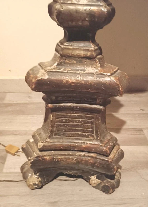LARGE SILVERED WOOD CANDLESTICK XVIII CENTURY ELECTRIFIED FLOOR LAMP