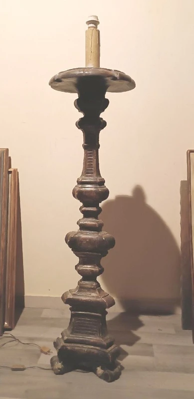 LARGE SILVERED WOOD CANDLESTICK XVIII CENTURY ELECTRIFIED FLOOR LAMP