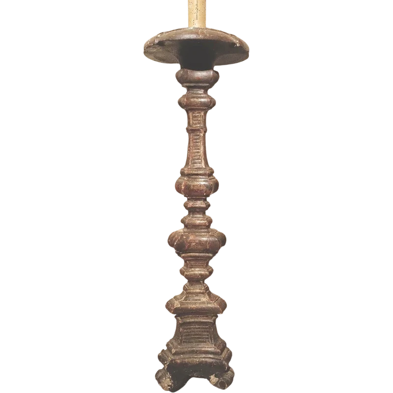 LARGE SILVERED WOOD CANDLESTICK XVIII CENTURY ELECTRIFIED FLOOR LAMP