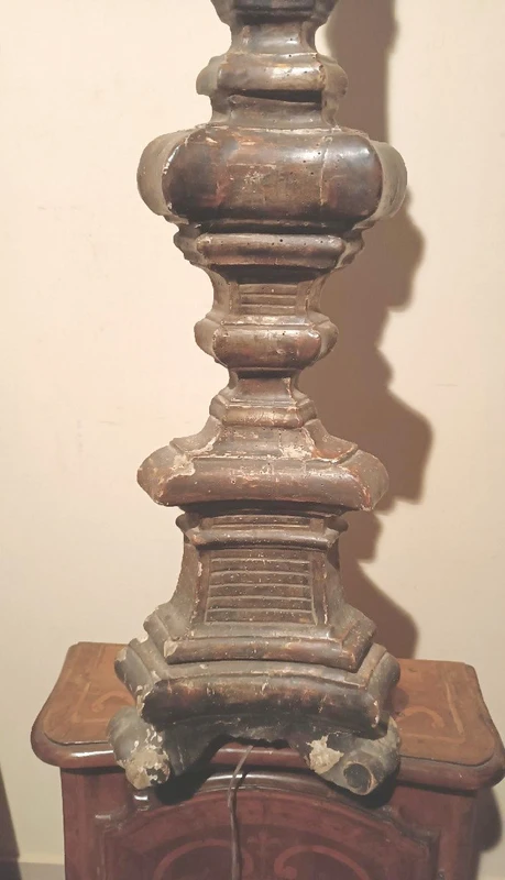 LARGE SILVERED WOOD CANDLESTICK XVIII CENTURY ELECTRIFIED FLOOR LAMP