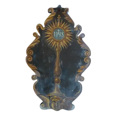 Panneau peint ancien représentant le SYMBOLE RELIGIEUX IHS