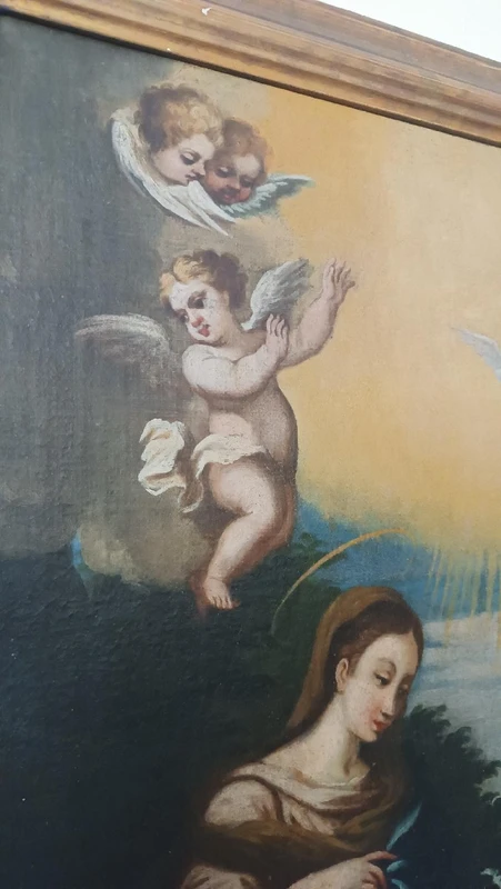 Antique oil on canvas painting madonna with child and angels 18th century