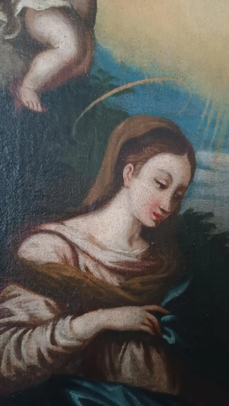 Antique oil on canvas painting madonna with child and angels 18th century
