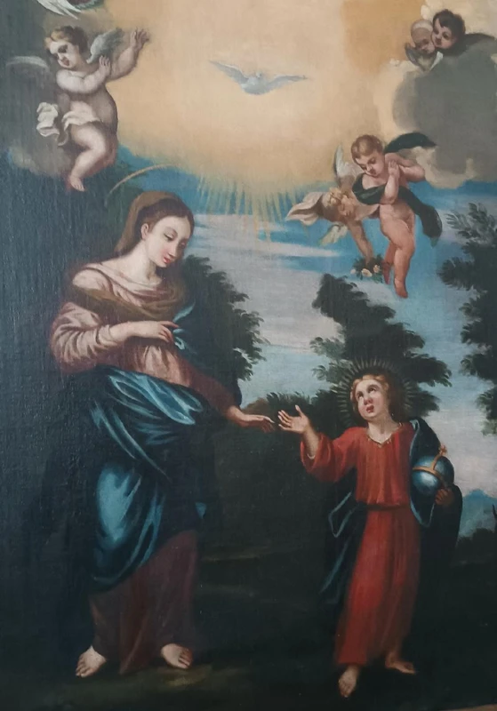 Antique oil on canvas painting madonna with child and angels 18th century