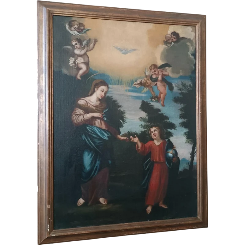 Antique oil on canvas painting madonna with child and angels 18th century
