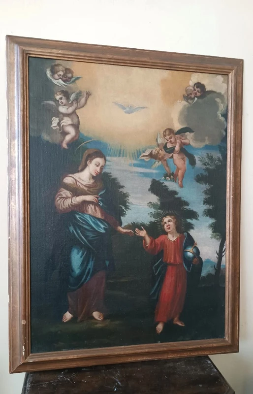 Antique oil on canvas painting madonna with child and angels 18th century