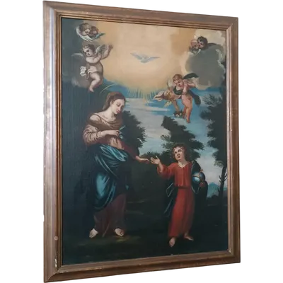 Antique oil on canvas painting madonna with child and angels 18th century